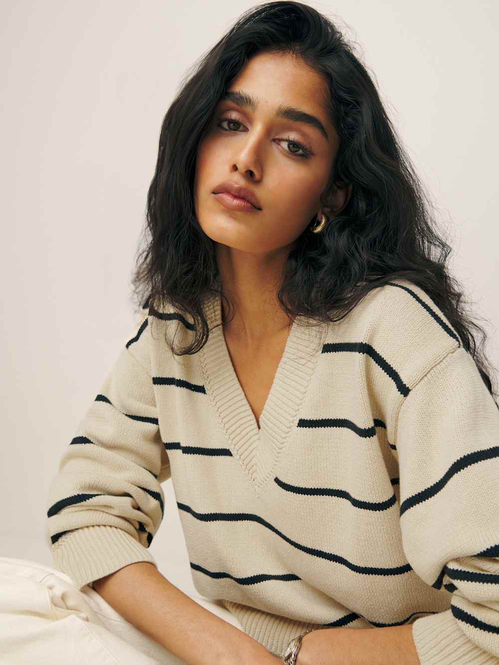 Sienna Oversized Cotton V Neck Sweater - Birch With Black Stripe