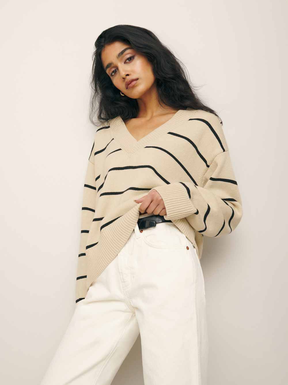 Sienna Oversized Cotton V Neck Sweater - Birch With Black Stripe