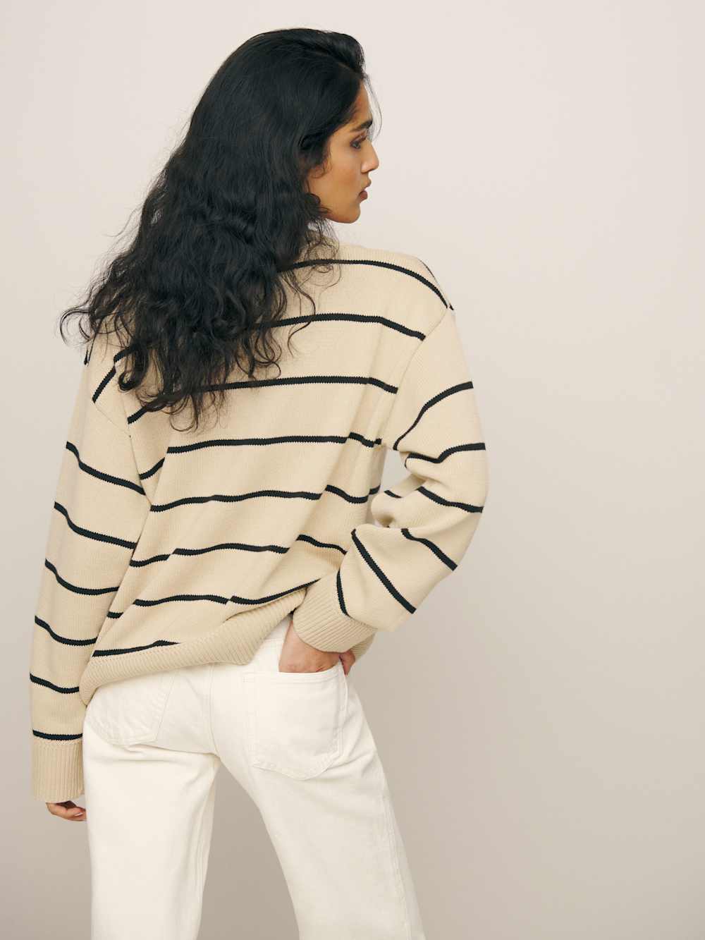 Sienna Oversized Cotton V Neck Sweater - Birch With Black Stripe
