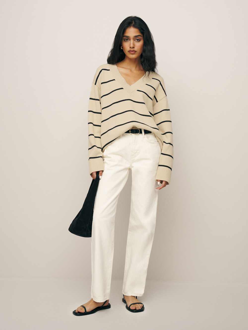 Sienna Oversized Cotton V Neck Sweater - Birch With Black Stripe