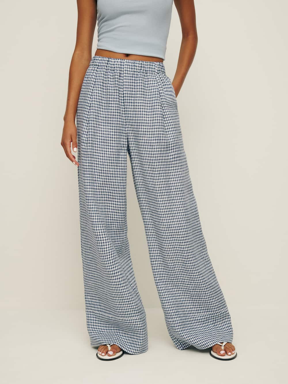 Fernando Linen Wide Leg Pant - Slate Check
