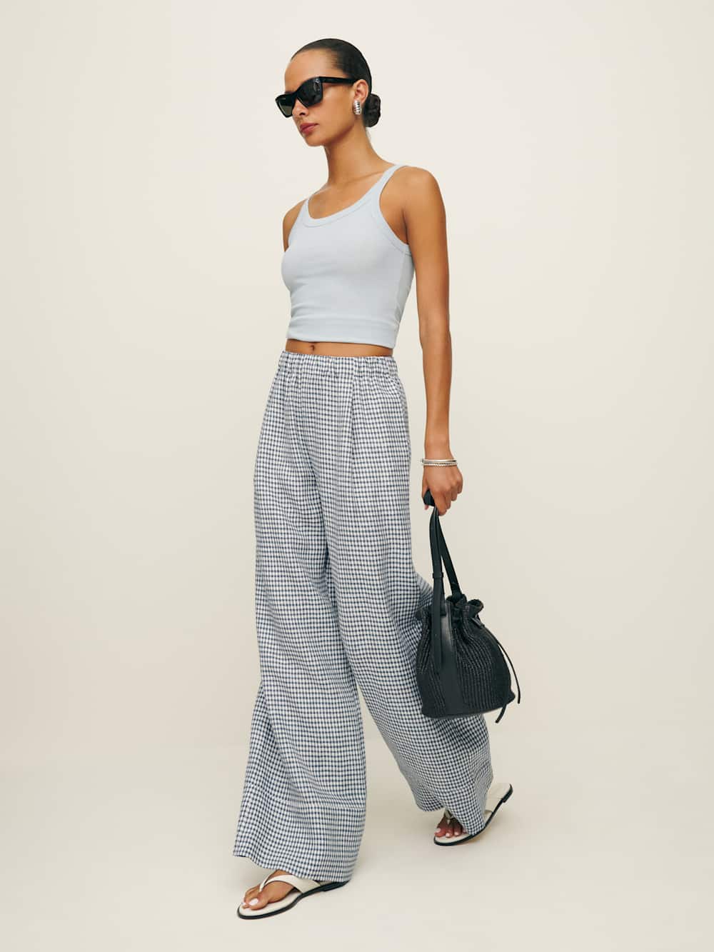 Fernando Linen Wide Leg Pant - Slate Check