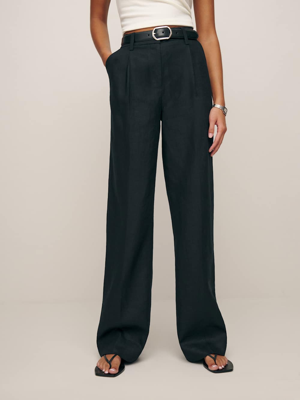 Petites Alex Linen Mid Rise Pant - Black
