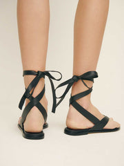 Justine Lace Up Thong Sandal - Black Leather