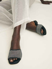 Eliza Flat Sandal - Black Rhinestone Mesh
