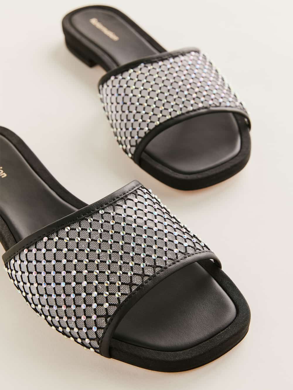 Eliza Flat Sandal - Black Rhinestone Mesh