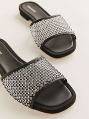 Eliza Flat Sandal - Black Rhinestone Mesh