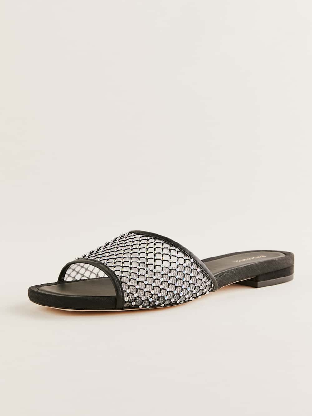 Eliza Flat Sandal - Black Rhinestone Mesh
