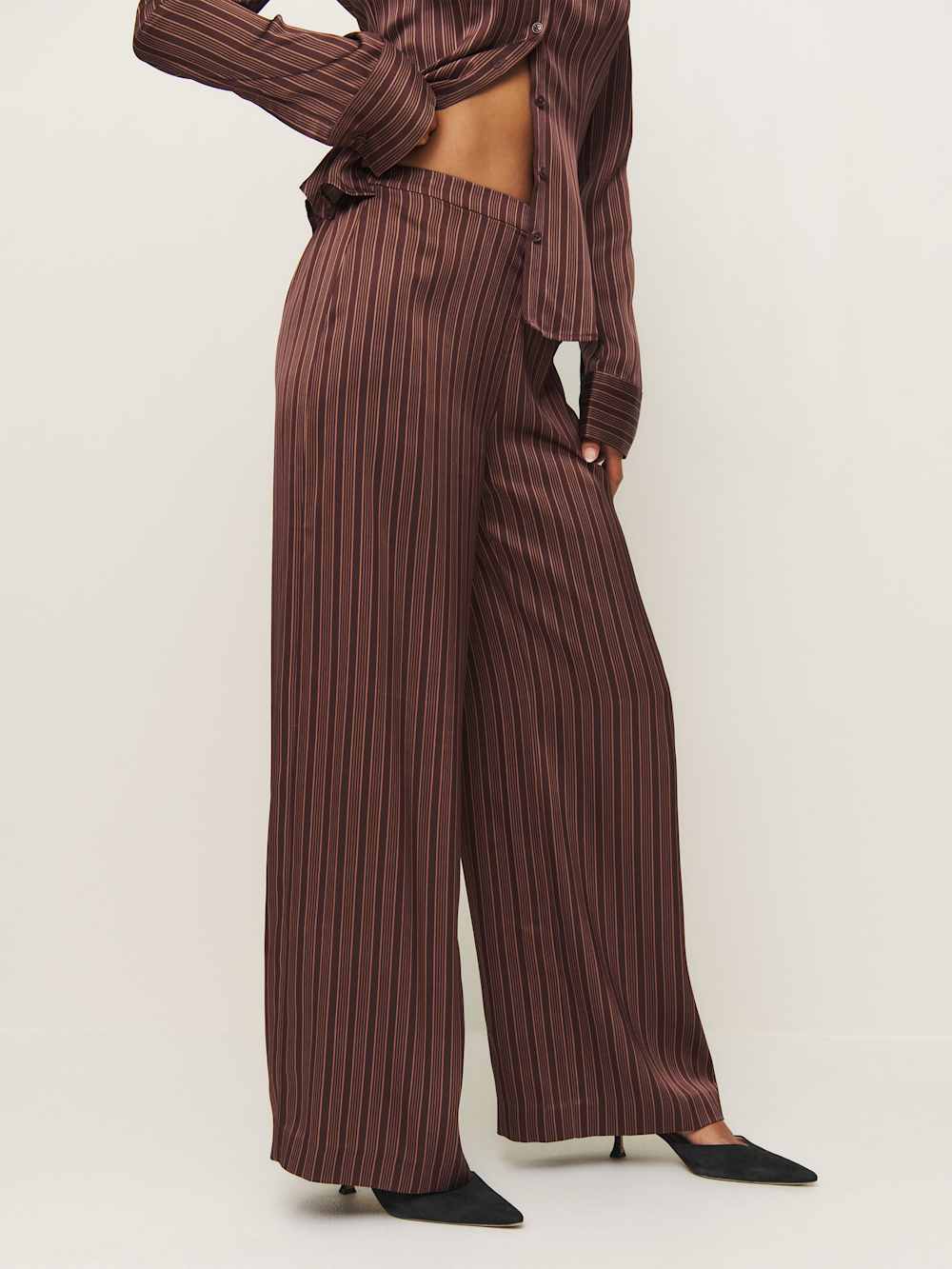 Norah Wide Leg Satin Pant - Mahogany Stripe