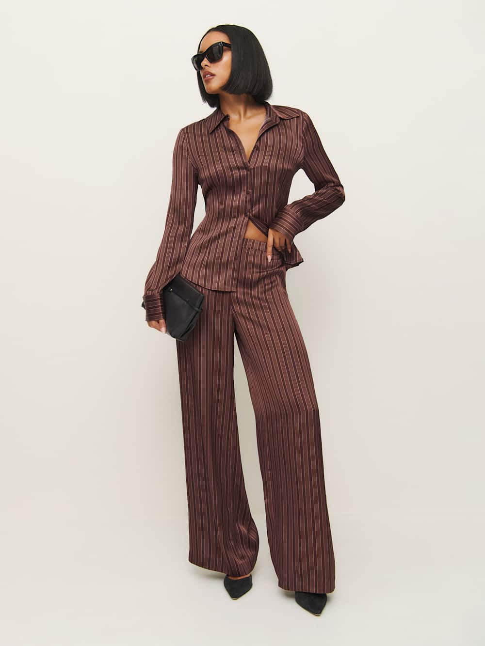 Norah Wide Leg Satin Pant - Mahogany Stripe