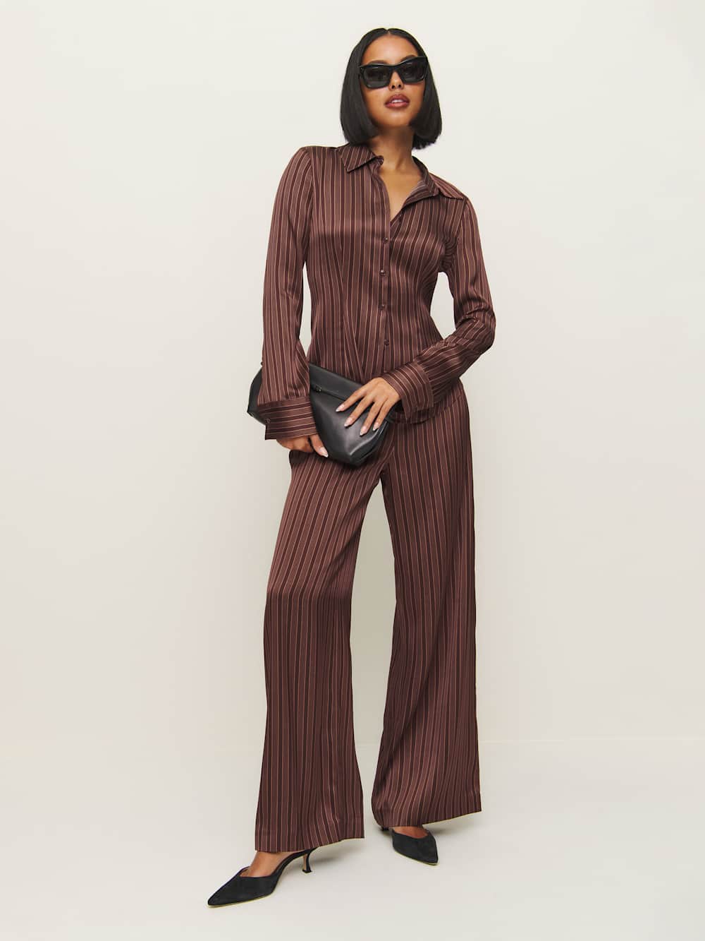 Norah Wide Leg Satin Pant - Mahogany Stripe