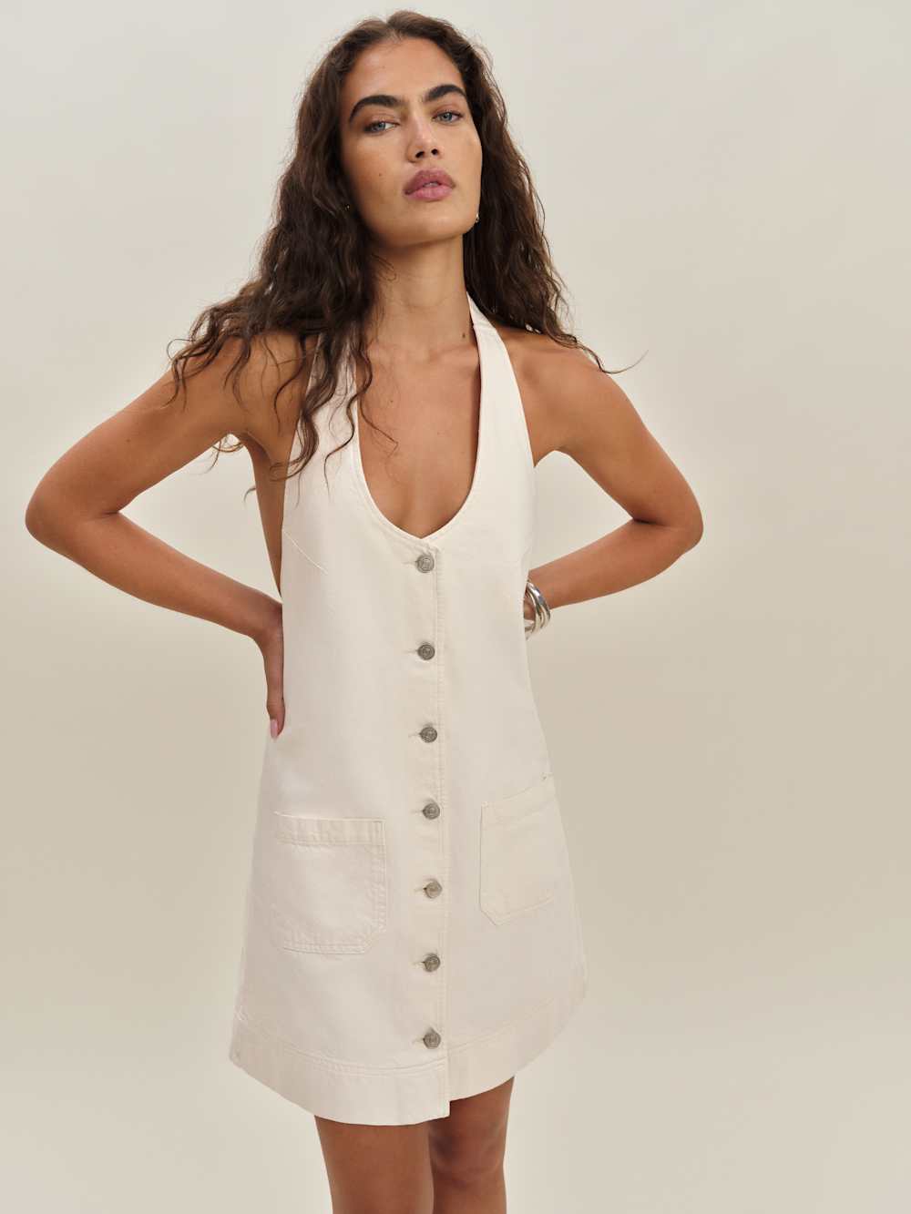 Brittany Denim Halter Mini Dress - Fior Di Latte