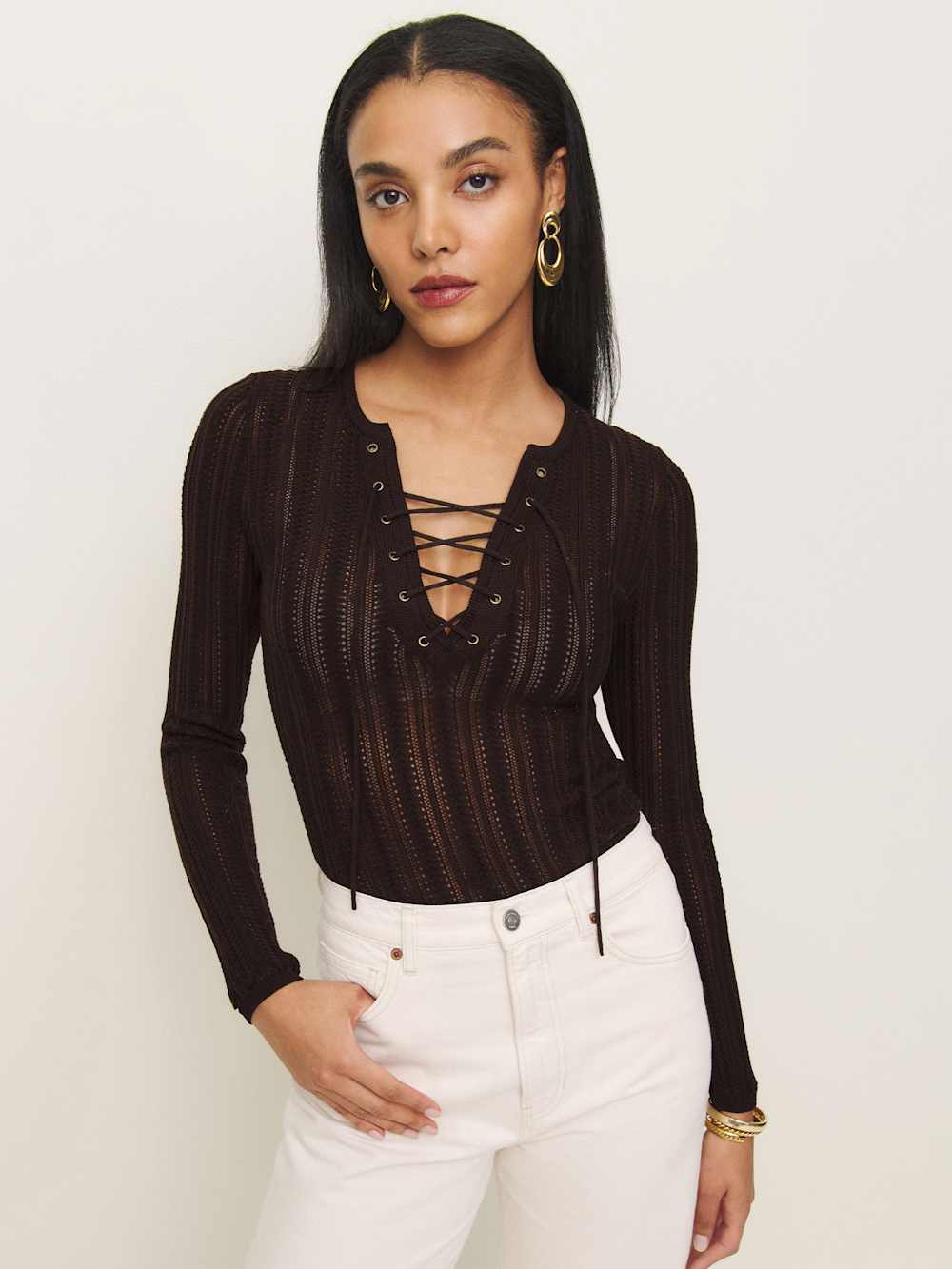 Nadia Regenerative Merino Lace Up Sweater - Mole