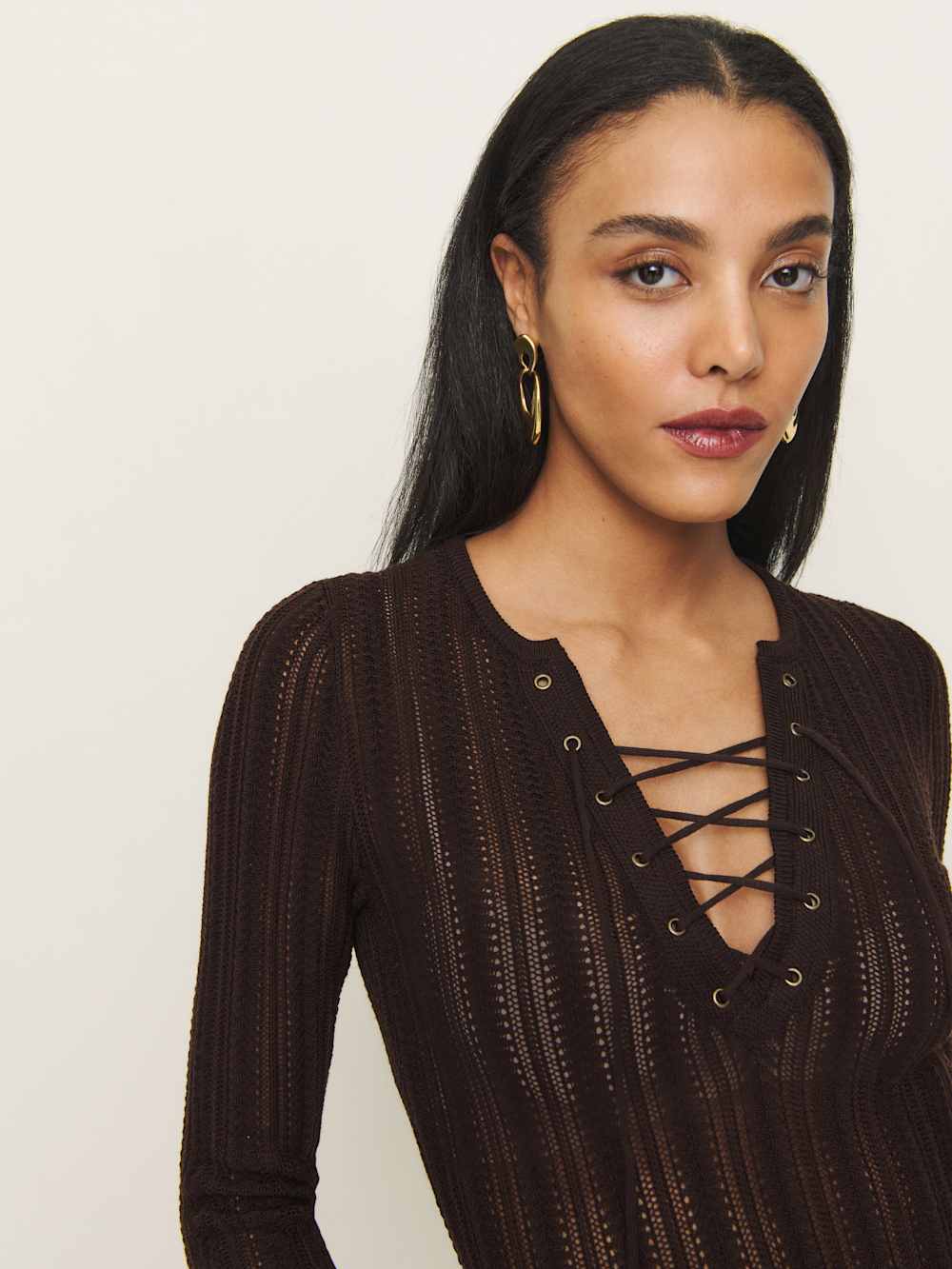 Nadia Regenerative Merino Lace Up Sweater - Mole