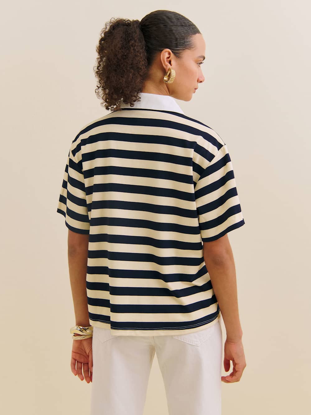 Jean Knit Shirt - Cream And Navy Stripe