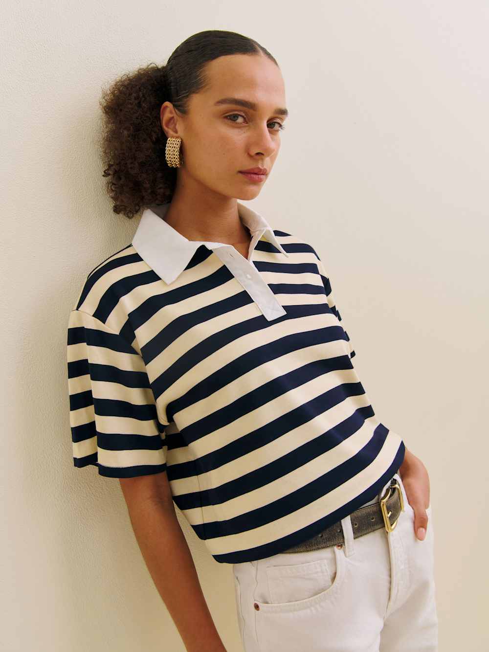 Jean Knit Shirt - Cream And Navy Stripe