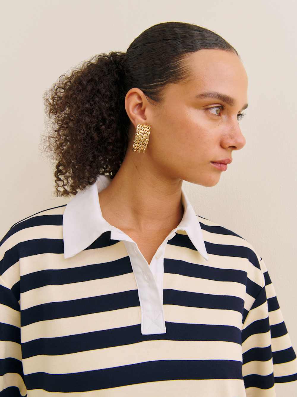 Jean Knit Shirt - Cream And Navy Stripe
