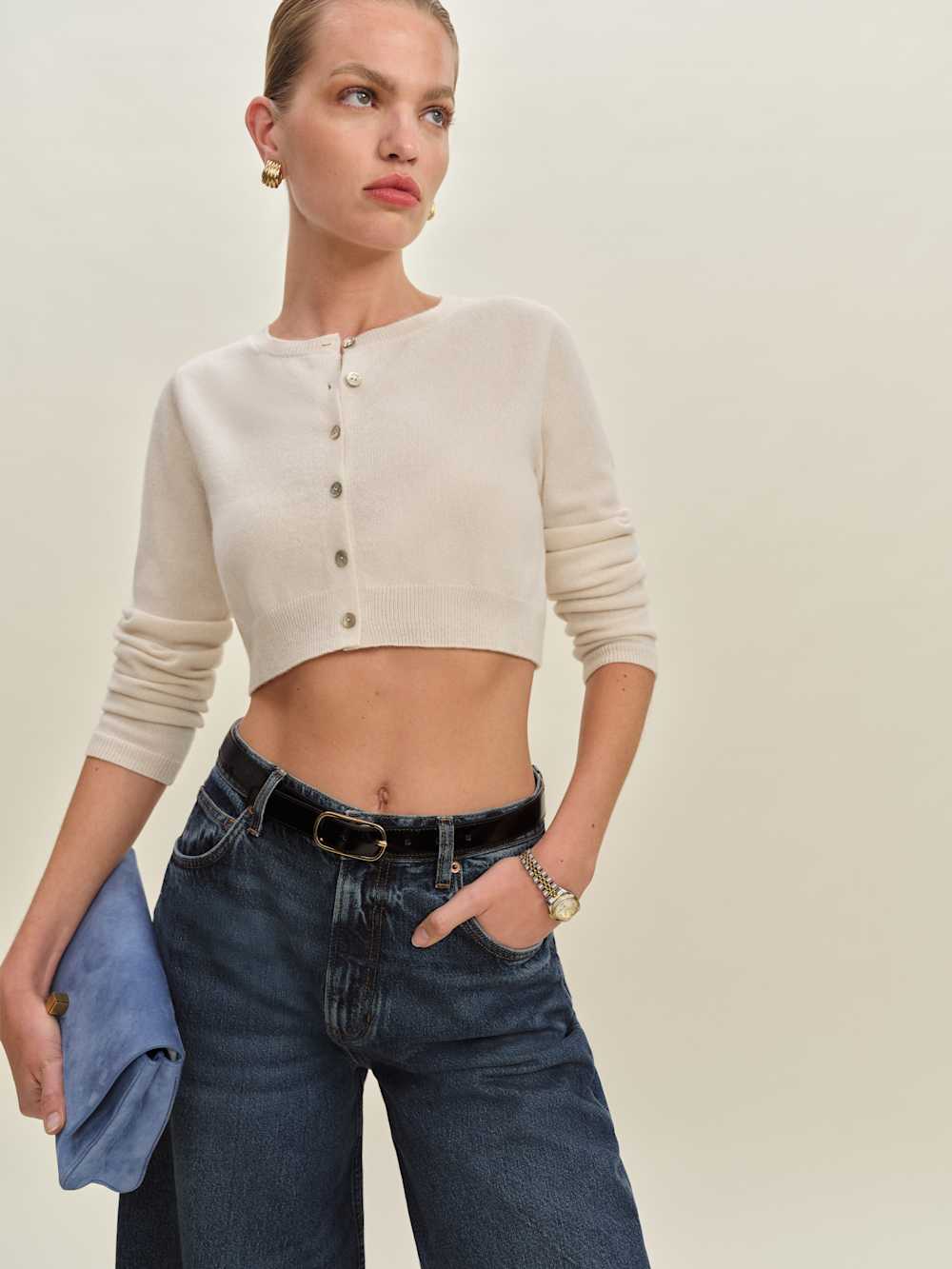 Janie Cashmere Crew Cardigan - Cream