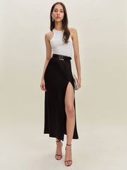 Layla Satin Skirt With Slit - Black