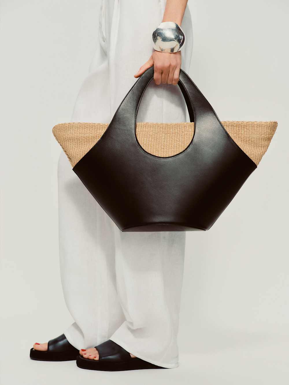 Siena Top Handle Tote - Black Leather Natural Raffia
