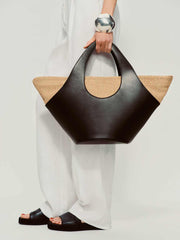 Siena Top Handle Tote - Black Leather Natural Raffia