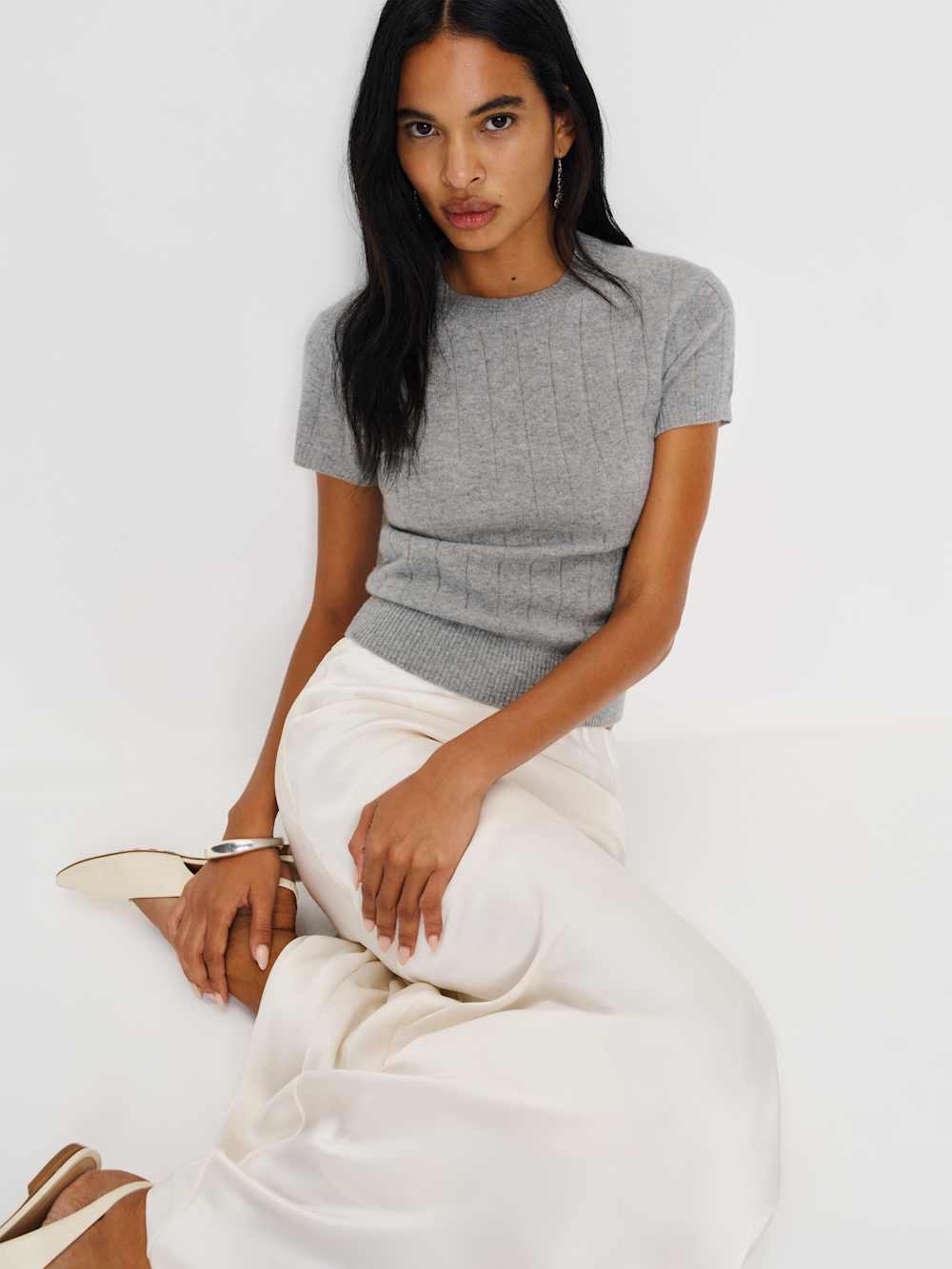Darcy Cashmere Tee - Ribbed Granite