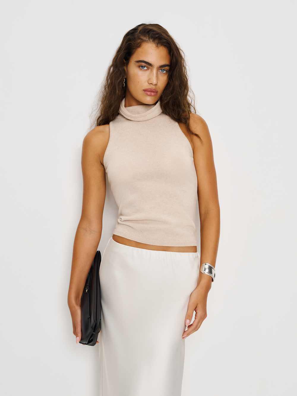 Marcy Cashmere Turtleneck Tank - Wheat