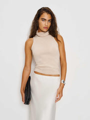 Marcy Cashmere Turtleneck Tank - Wheat