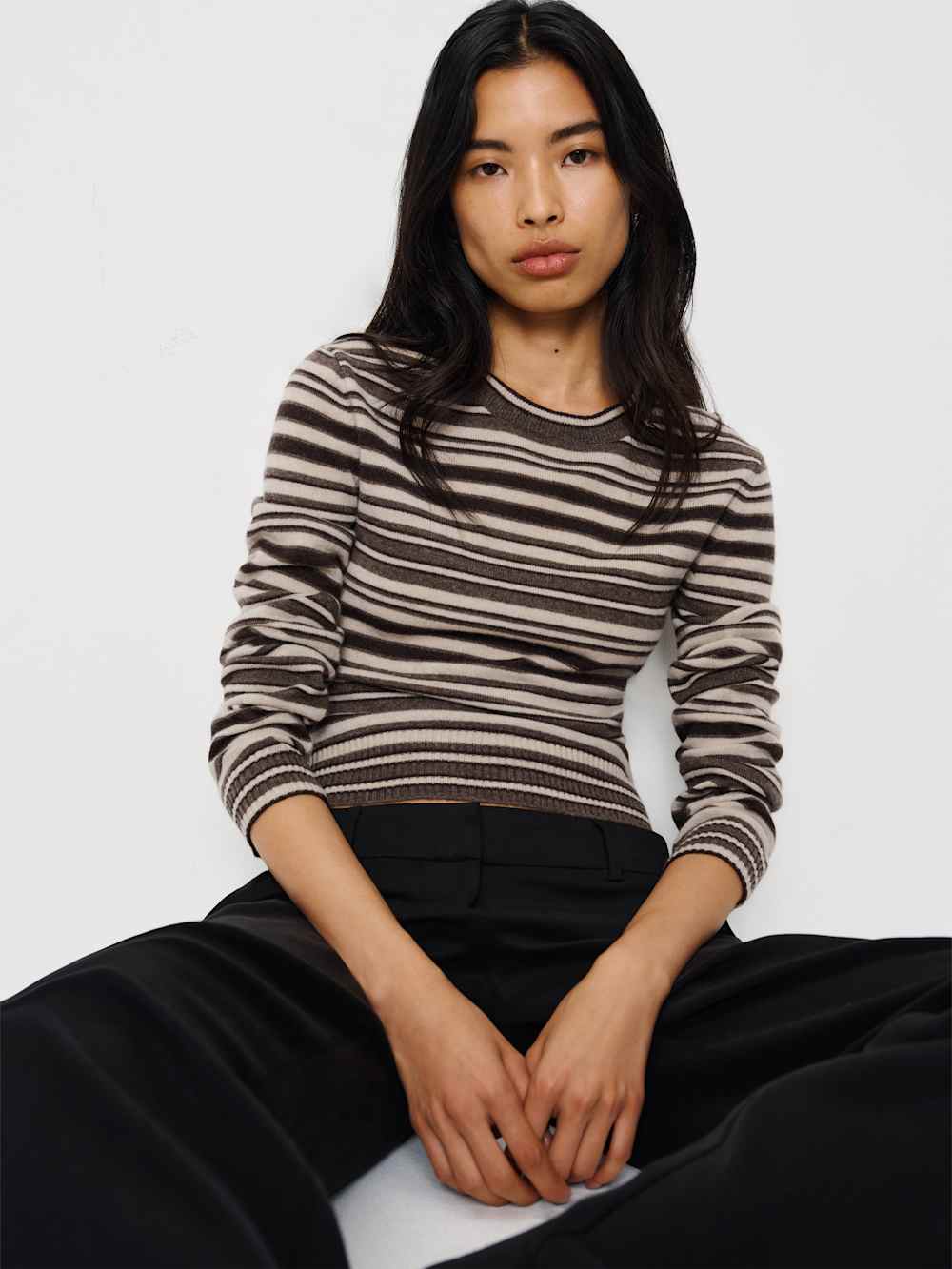 Lian Cashmere Crew Sweater - Brown Multi Stripe