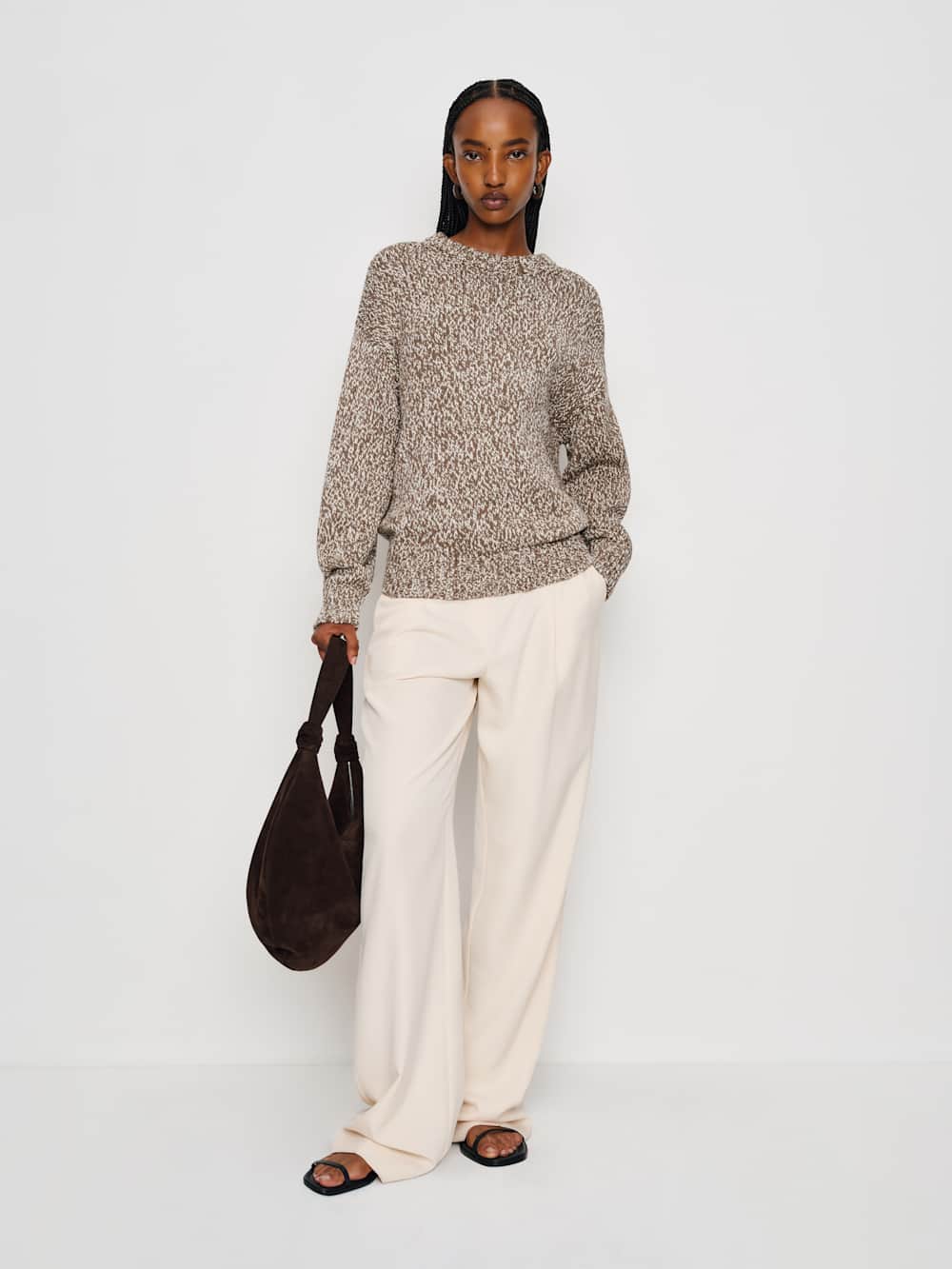 Finley Oversized Cotton Crew - Shitake Fior Di Latte Marl