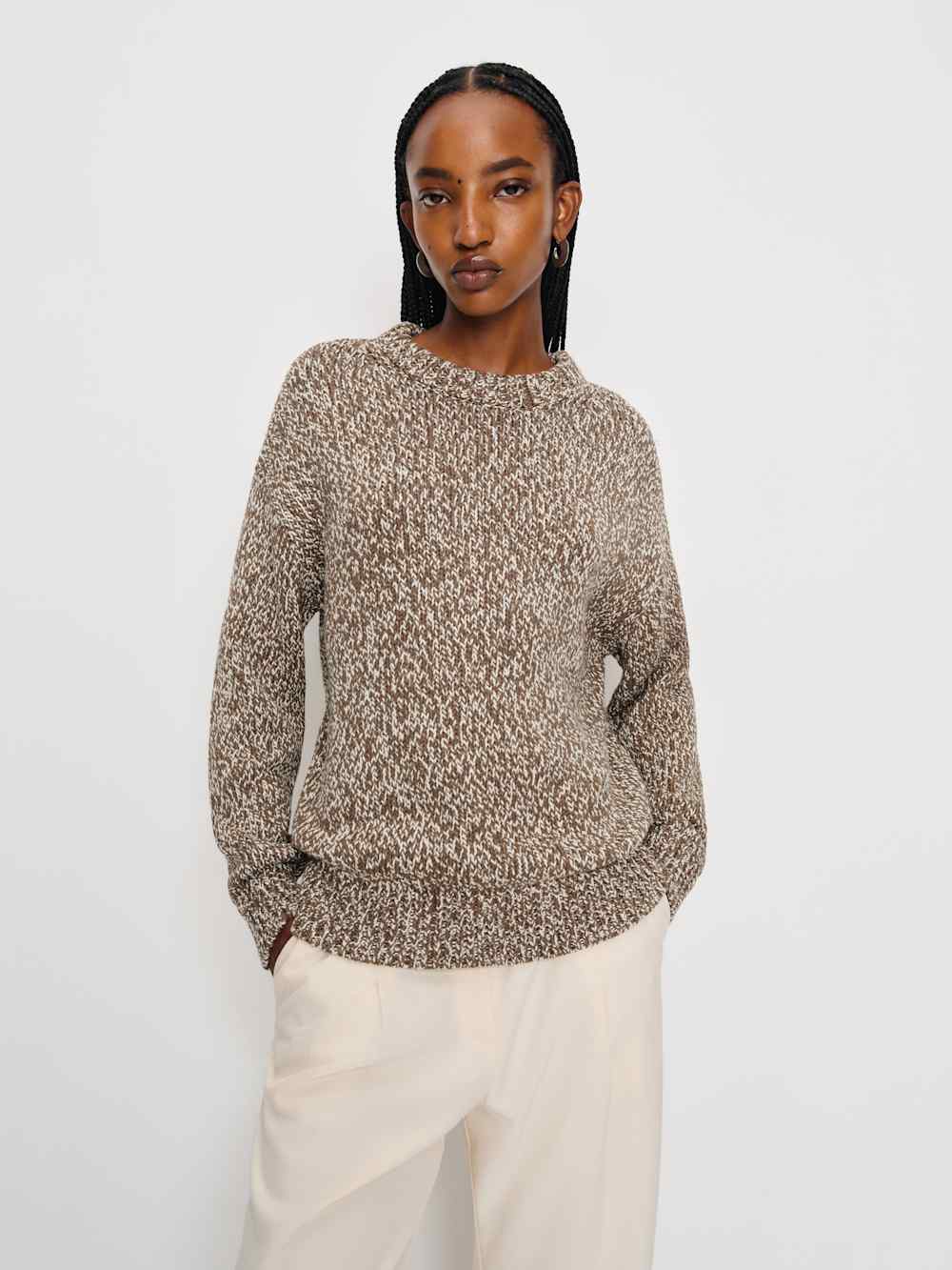Finley Oversized Cotton Crew - Shitake Fior Di Latte Marl