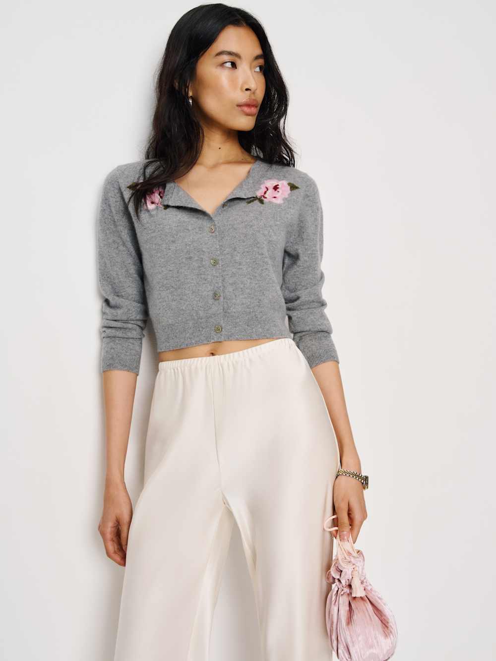 Gracie Cashmere Crew Cardigan - Floral Embroidery