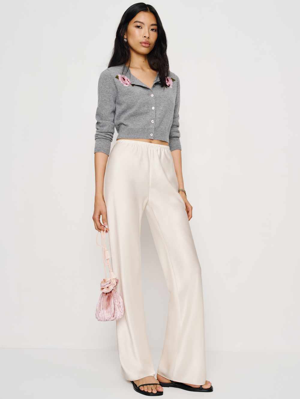 Gracie Cashmere Crew Cardigan - Floral Embroidery