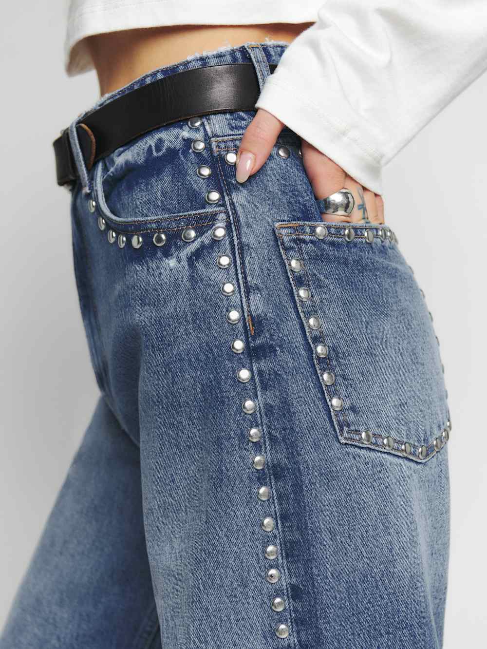 Cary High Rise Slouchy Wide Leg Long Jeans - Chesapeake Studded