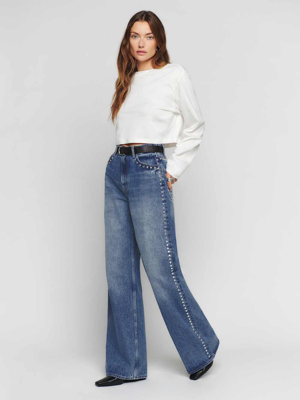 Cary High Rise Slouchy Wide Leg Long Jeans - Chesapeake Studded