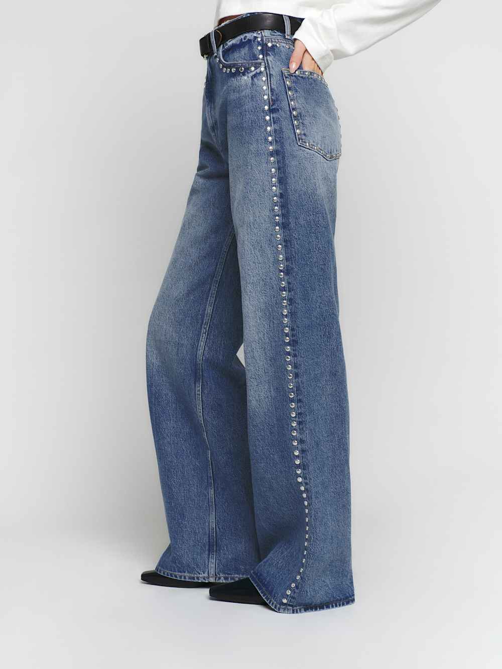 Cary High Rise Slouchy Wide Leg Short Jeans - Chesapeake Studded